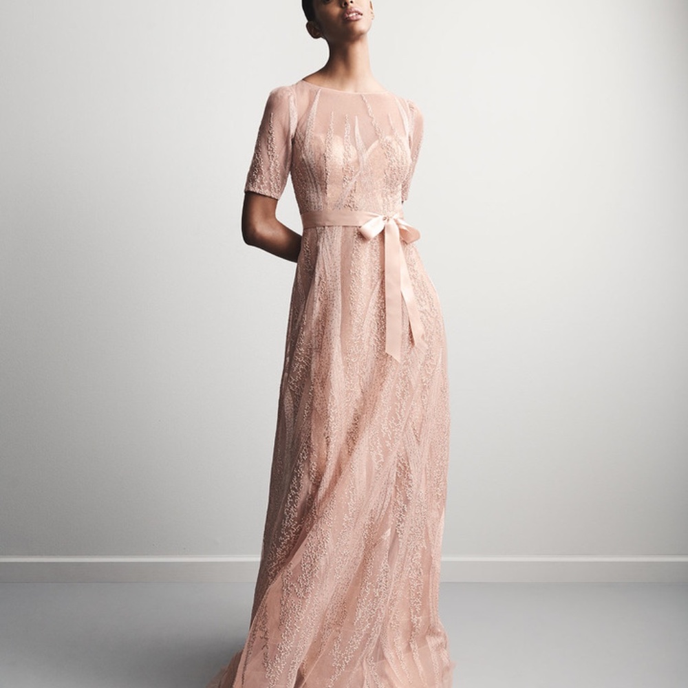 Rickie Freeman for Teri Jon Embroidered Tulle Elbow-Sleeve Gown